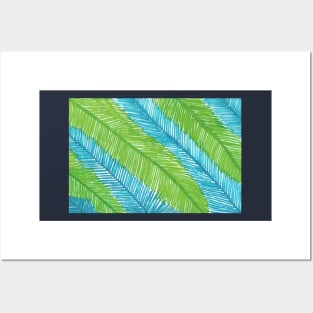 Blue and Green Palm Leaves Pattern Posters and Art